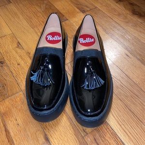 Rollie sz37 black patten leather loafers with tassle, chunky sole